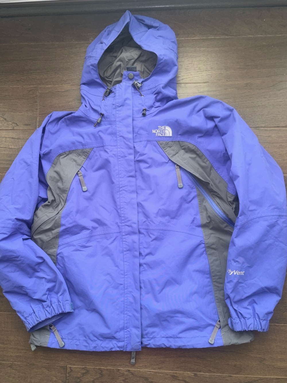 The North Face Hyvent Hooded Jacket Blue Gray Womens Large Full 2-way Zip